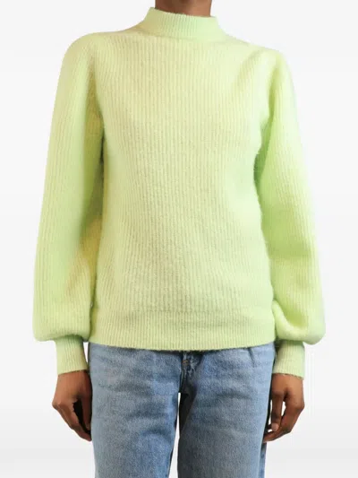 Pre-owned Ganni Ribbed-knit Puff-sleeve Sweater In Green