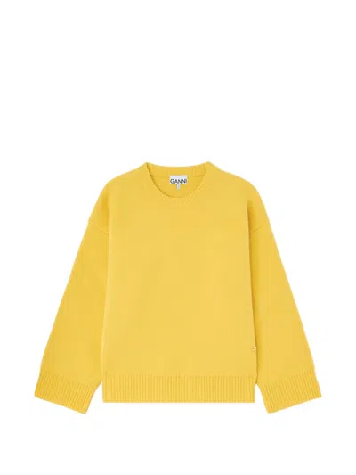 Ganni Ribbed-trim Drop-shoulder Sweater In Gelb