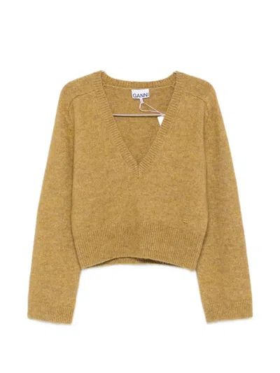 Ganni Yellow Melange Mohair Deep V-neck Sweater In Green
