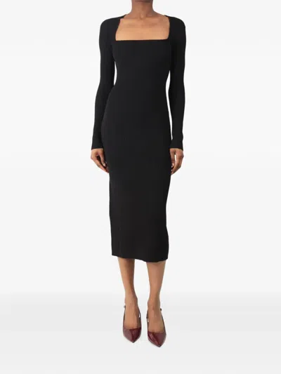 Pre-owned Ganni Rib-knit Midi Dress In Black