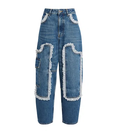 Ganni Rigid Audri Lace Low-rise Barrel Jeans In Blue