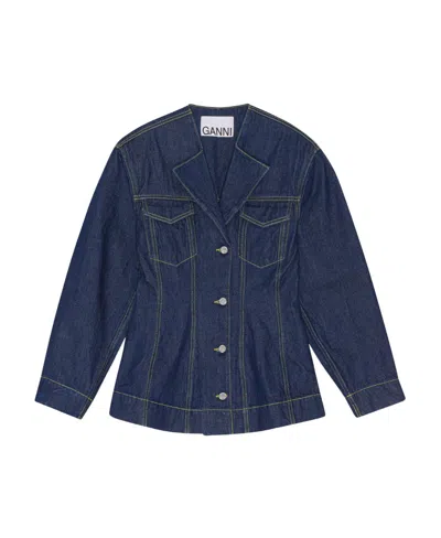 Ganni Rinse Denim Fitted Blazer In Blue