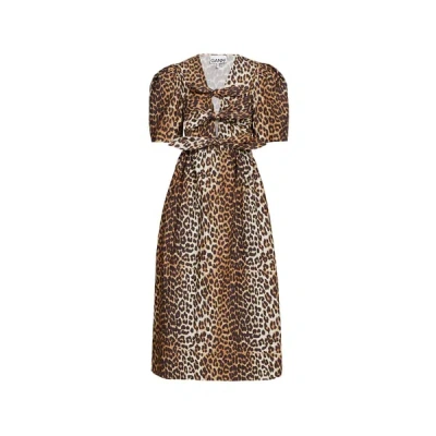 Ganni Leopard Printed Cotton Tie Strap Midi Dress In Brown