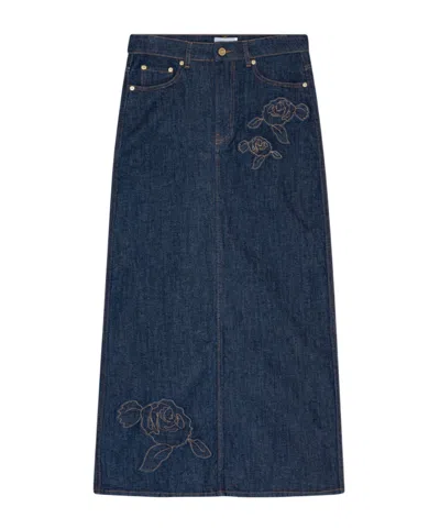 Ganni Denim Rose Maxi Skirt In Blue