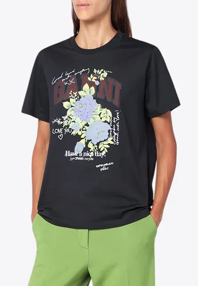GANNI ROSE PRINT CREWNECK T-SHIRT