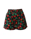 Ganni Rose Print Shorts In Black Cotton In Multi