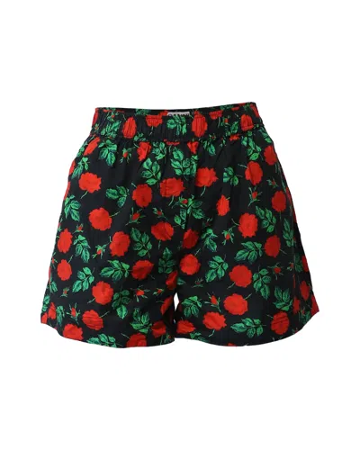 Ganni Rose Print Shorts In Black Cotton In Multi
