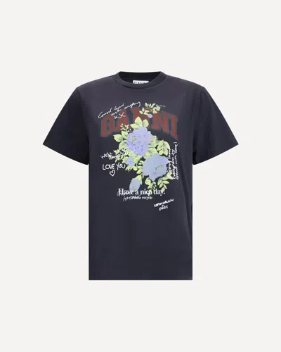 Ganni Graphic Print Crew Neck Short Sleeve Top In Black