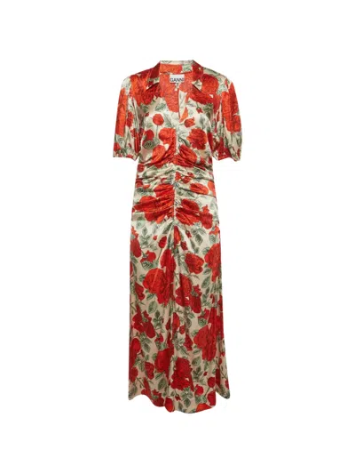 Pre-owned Ganni Rose-print Ruched Midi Dress In Neutrals