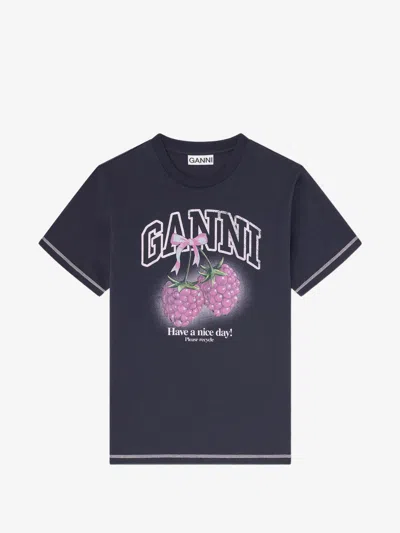 Ganni Round Neck Graphic Print T-shirt With Cross-stitch Trim In Grigio