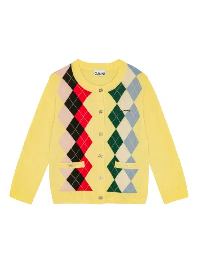 Ganni Round Neck Long Sleeve Sweater With Silver Button Closure - Size S In Yellow