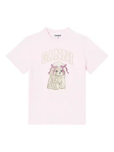 Ganni Round Neck Short Sleeve Poodle Print Graphic Tee In Pink