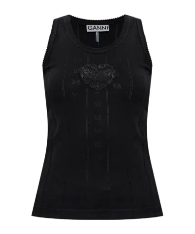 Ganni Round Neck Sleeveless Vest In Black