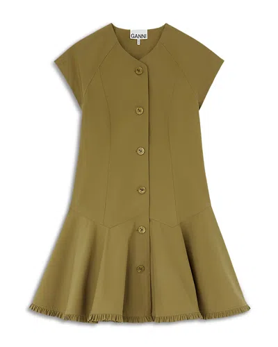 Ganni Round Neck Stretch Cotton-blend Button Front Dress In Green