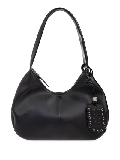 Ganni Rounded Black Shoulder Bag With Zip Closure