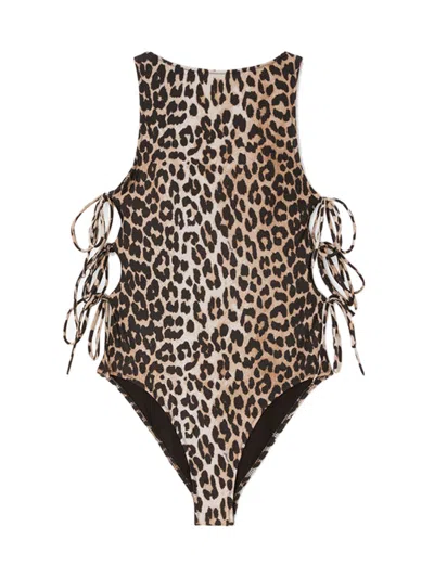 Ganni Round-neck Tie-string Low-back Bodysuit In Marrone