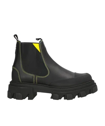 Ganni Round-toe Platform Leather Boots In Black