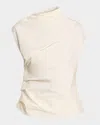 Ganni Ruched Asymmetric Cotton Blouse In White
