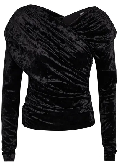 Ganni Ruched Asymmetric Velour Blouse In Black