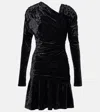 Ganni Ruched Asymmetric Velvet Minidress In Black