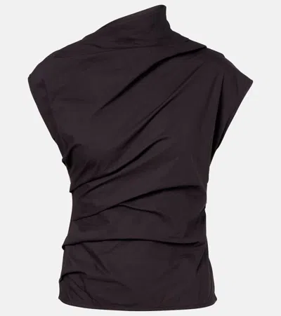Ganni Ruched Cotton-blend Top In Brown
