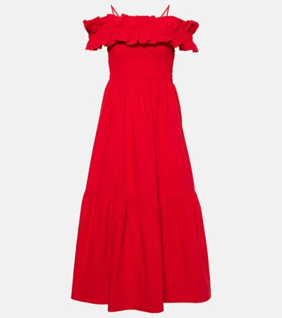 Ganni Ruffled Poplin Midi Dress In Red