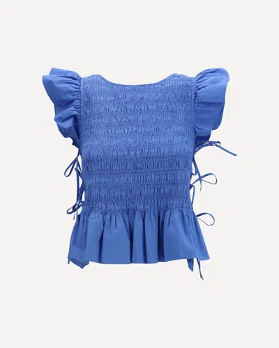 Ganni Ruched Cotton Top With Side Bows In Blue