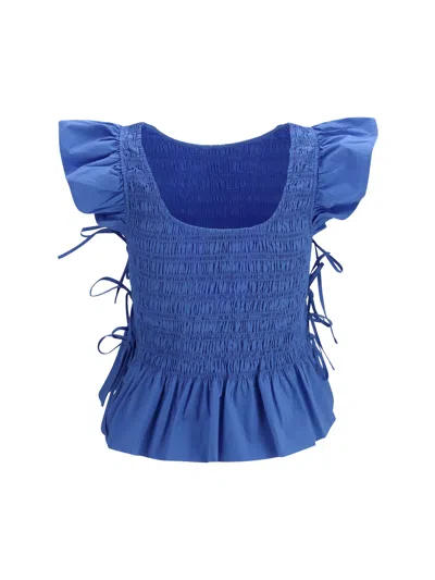 Ganni Ruched Cotton With Side Bows Blouse In Blue