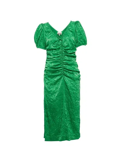 Pre-owned Ganni Ruched Crinkled Midi Dress In Green