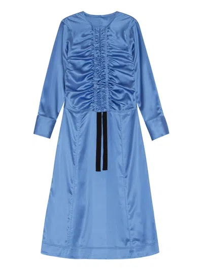 Ganni Ruched-detail Satin Midi Dress In Blue