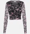 Ganni Black Floral Printed Mesh Ruched Blouse In Multicoloured