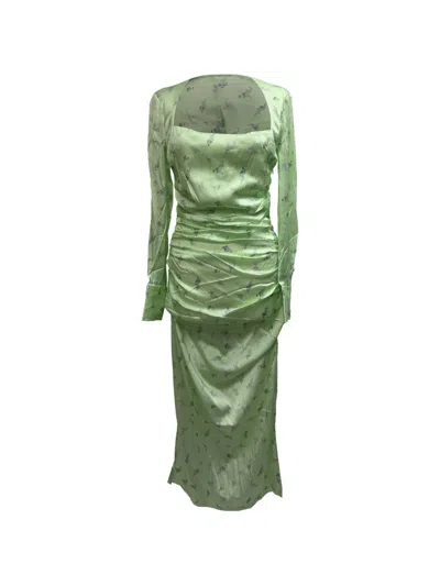 Pre-owned Ganni Ruched Floral-print Dress In Green