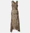 Ganni Leopard Marl Mesh Long Ruched Crossover Dress In Multicolor