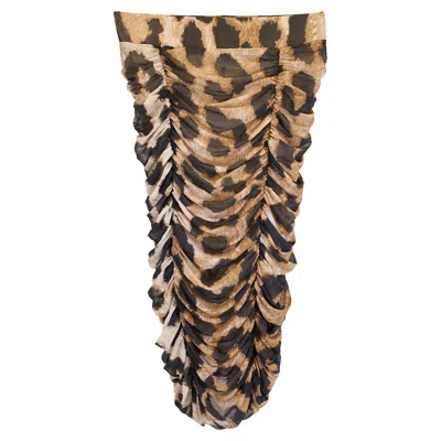 Ganni Ruched Leopard Print Midi Mesh Skirt In Brown Polyester In Multi