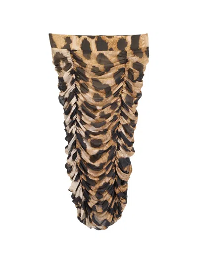 Pre-owned Ganni Ruched Leopard-print Midi Skirt In Brown