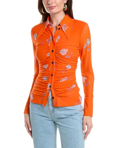 Ganni Ruched Button-front Floral Mesh Shirt In Orange