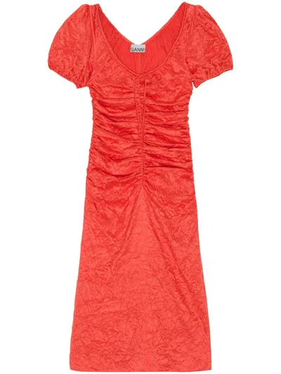 Ganni Short Sleeve Red Crinkled Satin Midi Dress In Grenadine