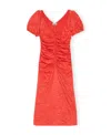 Ganni Short Sleeve Red Crinkled Satin Midi Dress In Red
