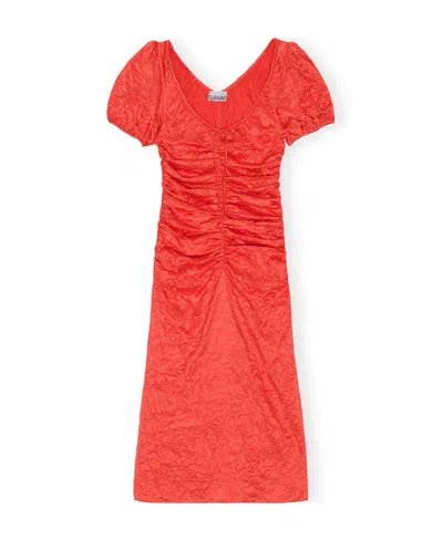 Ganni Short Sleeve Red Crinkled Satin Midi Dress In Grenadine