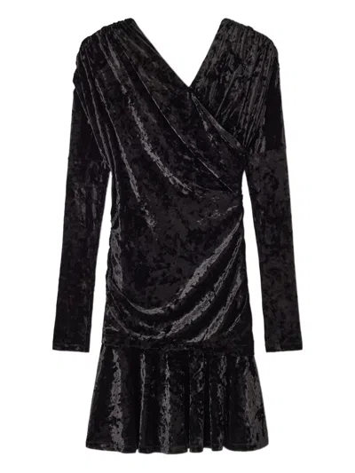 Ganni Ruched Asymmetric Velvet Minidress In Black