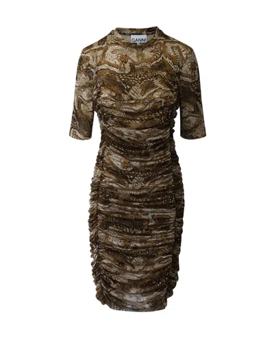 Ganni Ruched Mini Dress In Brown Print Polyamide