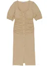 Ganni Short Sleeve Cotton Poplin Gathered Open-neck Maxi Dress In Neutrals