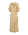 Ganni Short Sleeve Cotton Poplin Gathered Open-neck Maxi Dress In Nude