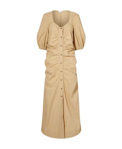 GANNI COTTON POPLIN GATHERED OPEN-NECK MAXI DRESS