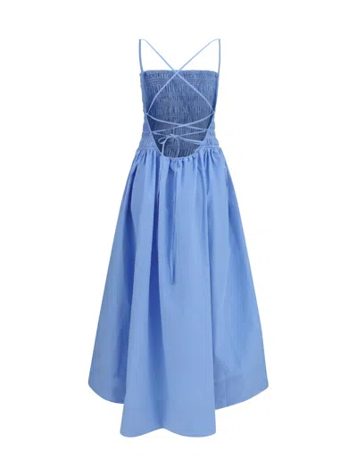 Ganni Ruched Poplin Cotton Dress In Blue