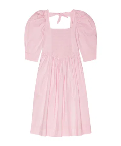 Ganni Ruched Ribbon-back Dress In Pink