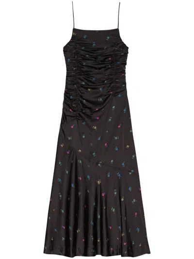 Ganni Ruched Slip Dress In Negro