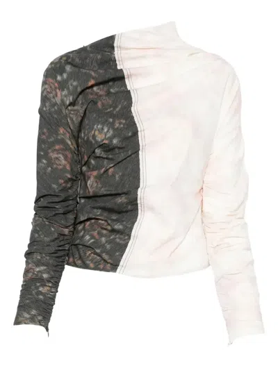 Ganni Printed Stretch Cotton Ruched Top In Multi