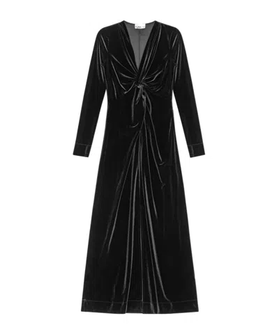 Ganni Ruched Velvet Maxi Dress In Black