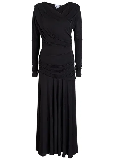 Ganni Ruched Wrap-effect Mesh Maxi Dress In Black